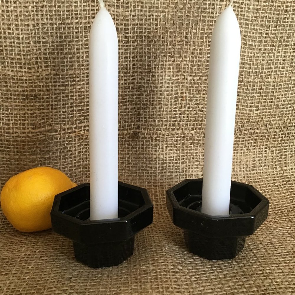 Octime Black Glass  Octagonal Shape Candle Holders Pair of 2 Vintage